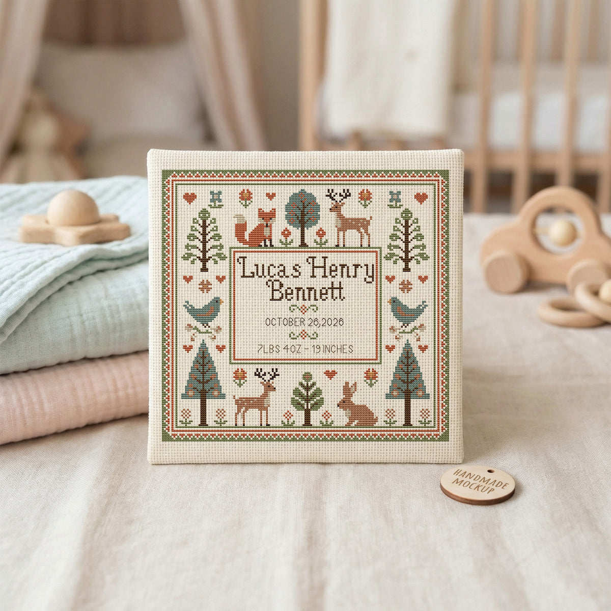 Woodland Animals Birth Announcement Cross Stitch Pattern – KristyPatterns