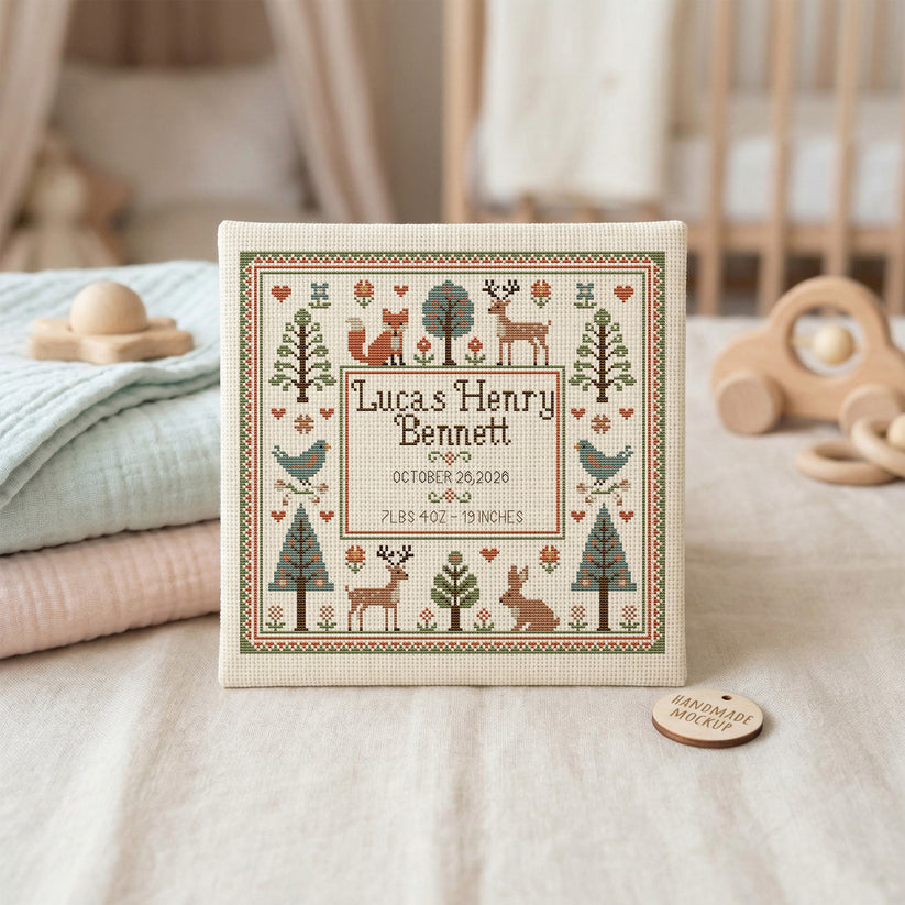 Woodland Animals Birth Announcement Cross Stitch Pattern – KristyPatterns